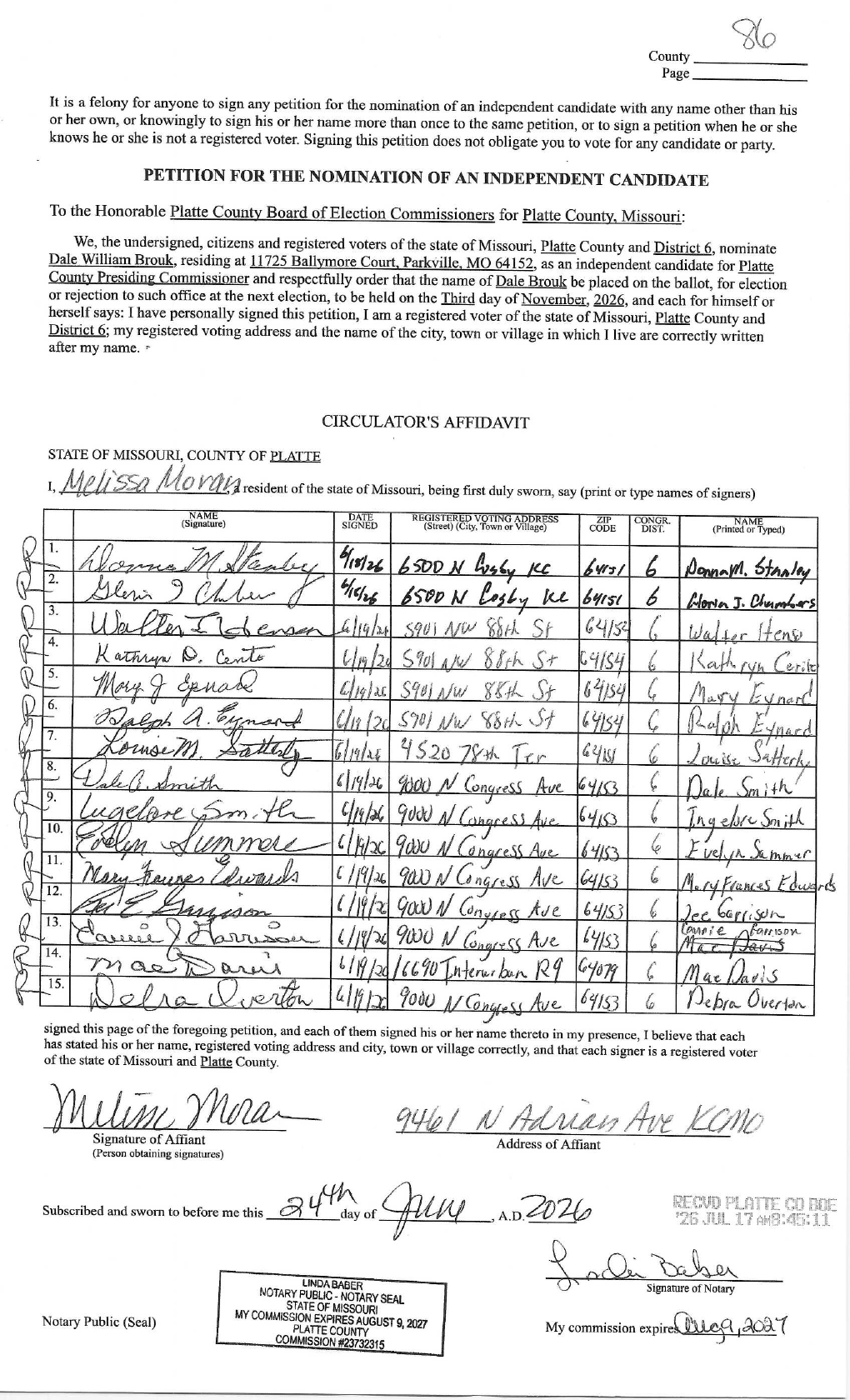 Petition page: four memory-care residents' signatures, sworn by Melissa Moran