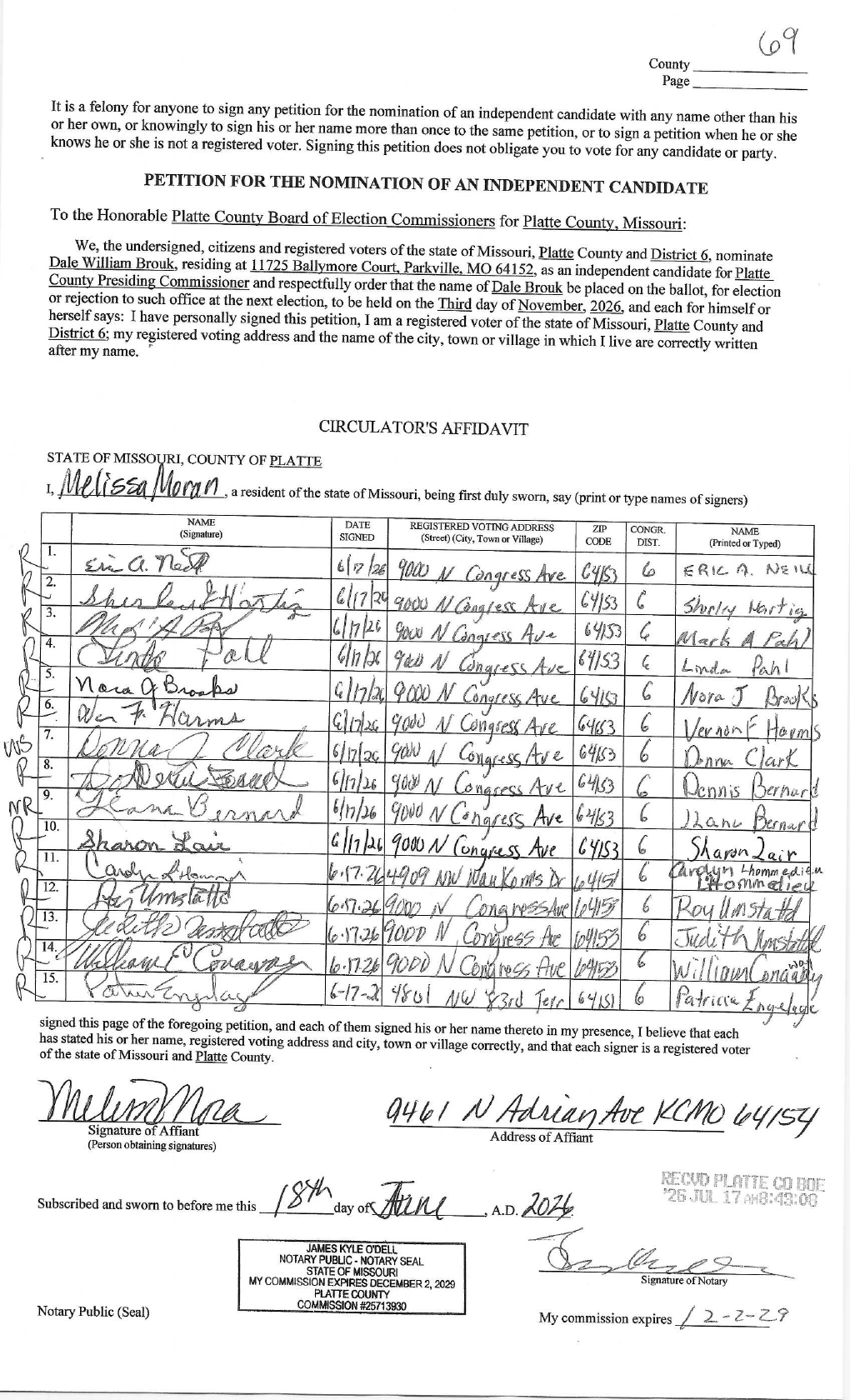 Petition page: thirteen signers at one retirement-home address, June 17, 2026