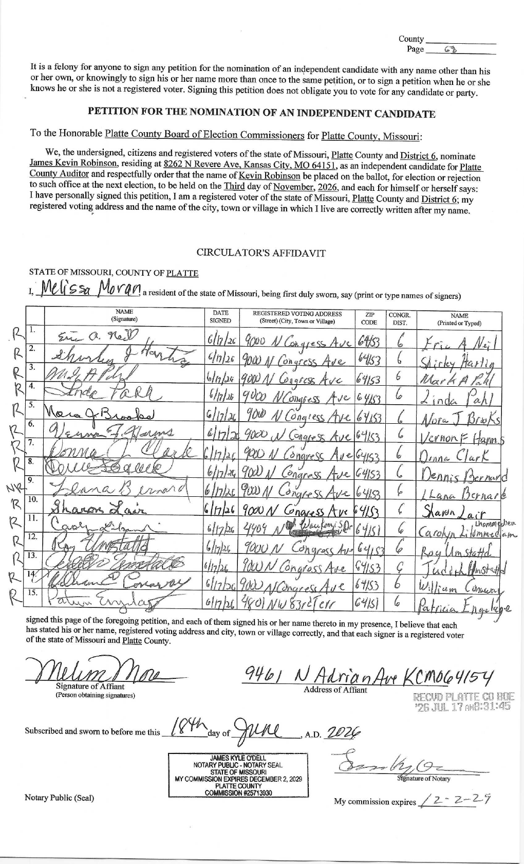 Identical retirement-home signers on Robinson's petition