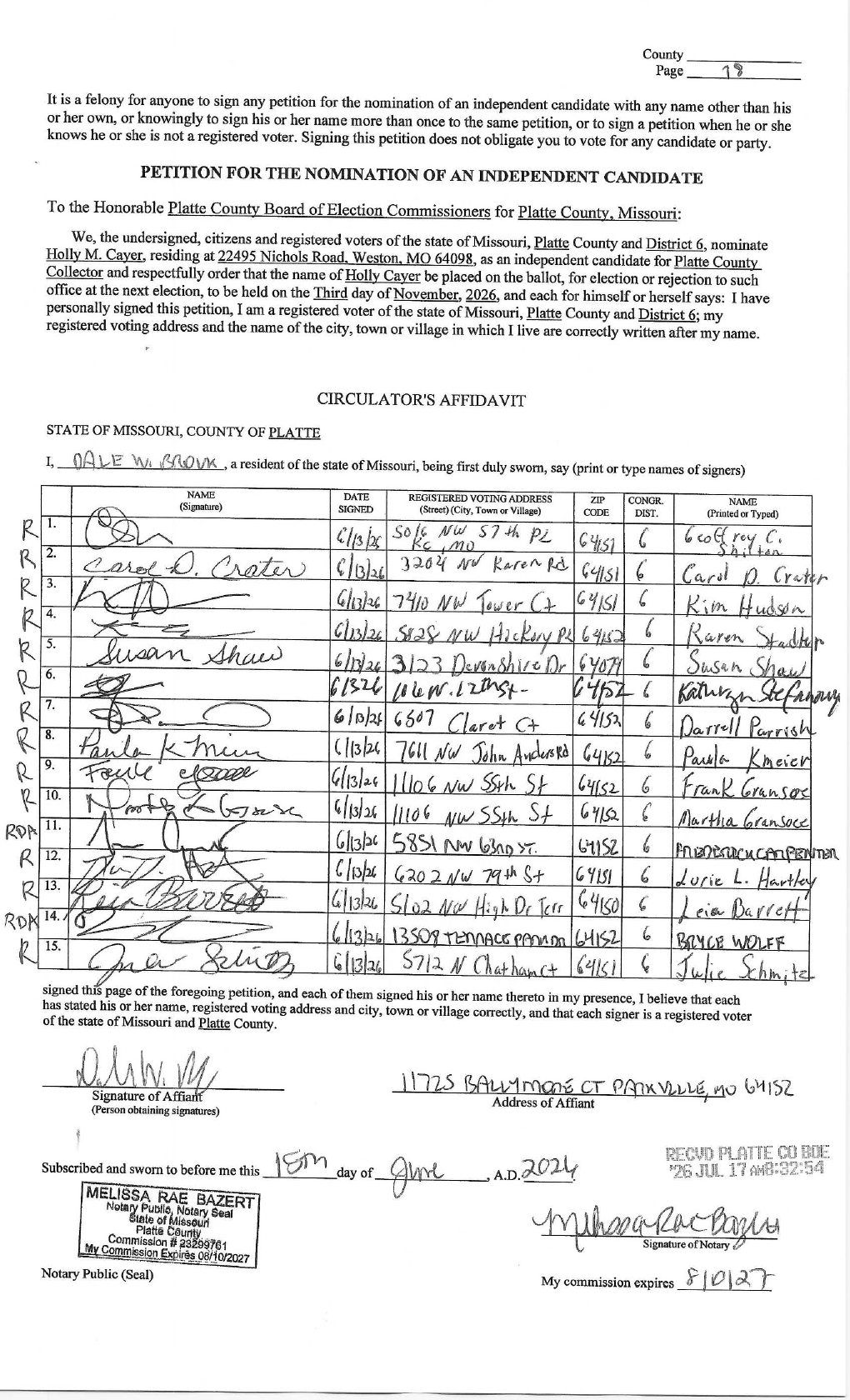 Cayer-headed sheet misfiled inside Robinson's petition, sworn by Dale Brouk