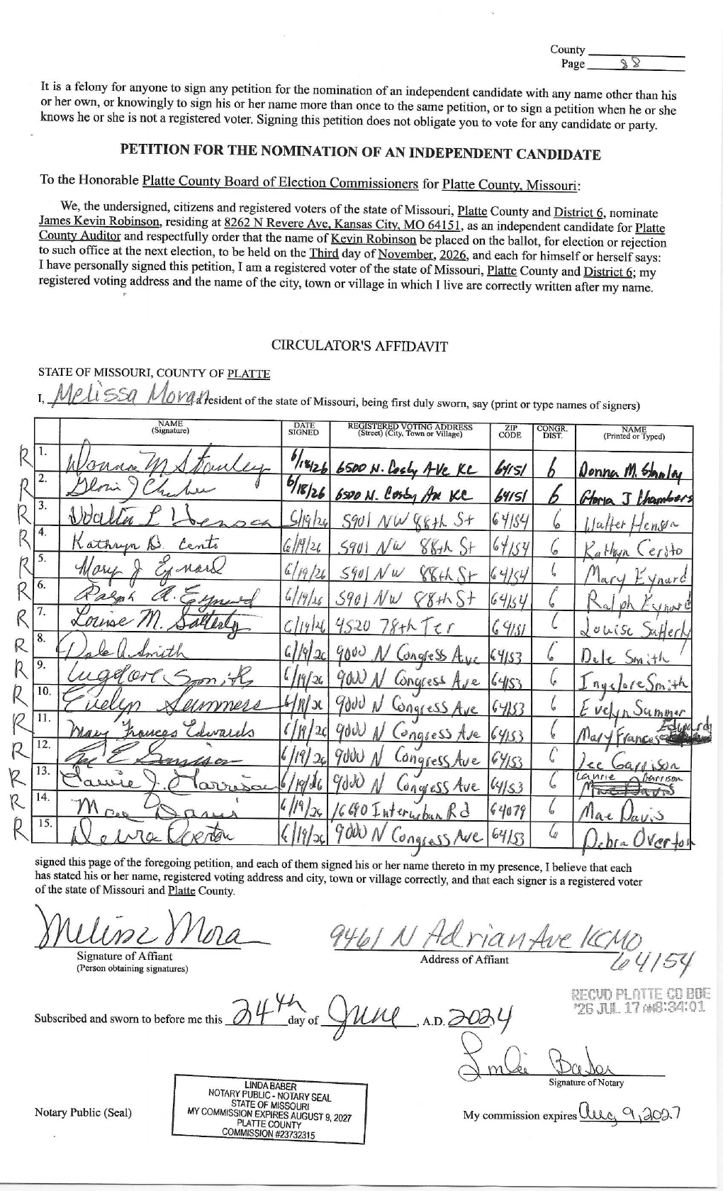 Petition printed-name column showing wrong voter's name struck out